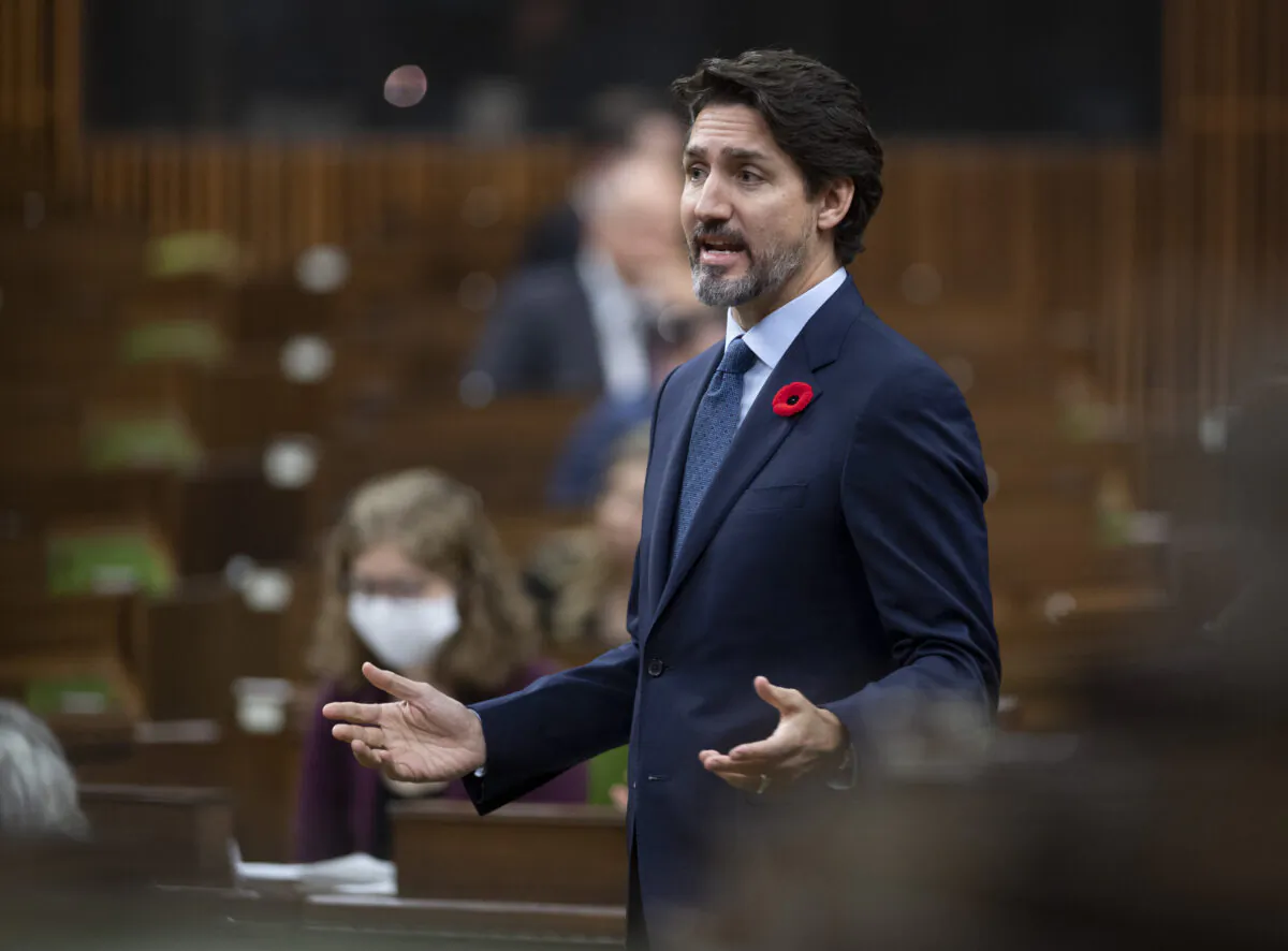 Prime Minister Justin Trudeau responds to a question during Question Period in the House of Commons in Ottawa on Nov. 3, 2020. (Adrian Wyld/The Canadian Press)