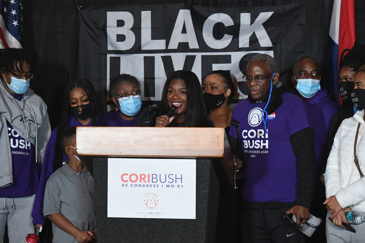 Congresswoman Cori Bush speaks during her election-night watch party on November 3, 2020 at campaign headquarters in St. Louis, Missouri. With tonight's victory, the Democrat Bush becomes the first African-American woman to be elected to Congress from the state of Missouri. (Photo by Michael B. Thomas/Getty Images)