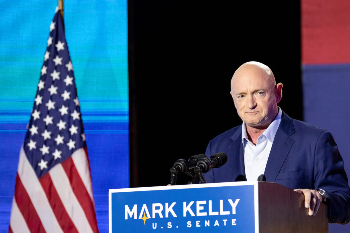 Democratic Senate candidate Mark Kelly speaks to supporters during the Election Night event in Tucson, Ariz., on Nov. 3, 2020. (Courtney Pedroza/Getty Images)