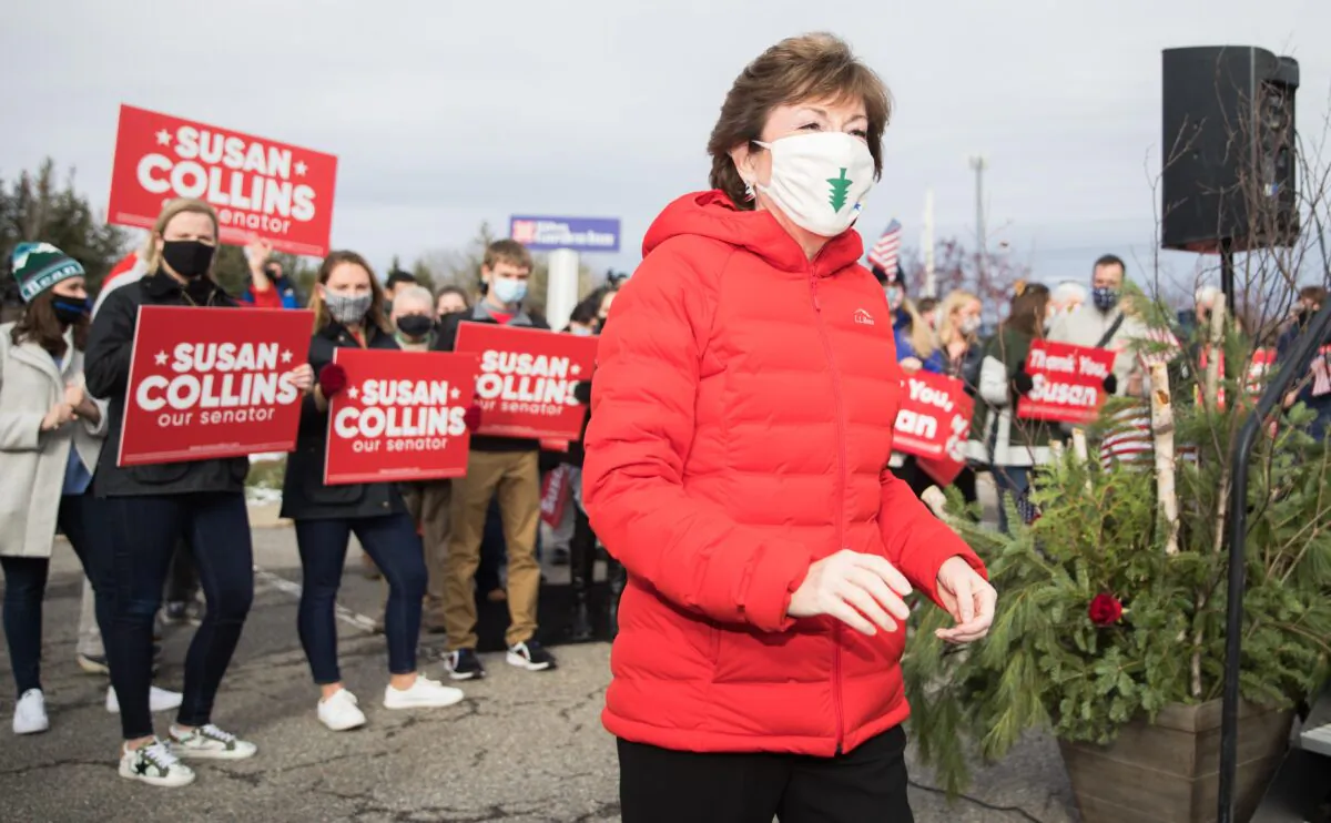 Sen. Susan Collins (R-Maine) in Bangor, Maine, on Nov. 4, 2020, after announcing her competitor Sara Gideon had called to concede. (Scott Eisen/Getty Images)