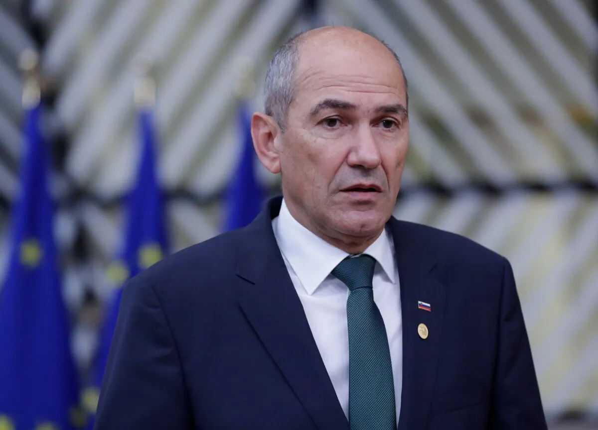 Slovenia's Prime Minister Janez Jansa speaks to the press as he arrives on the second day of an EU summit at The European Council Building in Brussels on Oct. 2, 2020. (Olivier Hoslet/Pool/AFP via Getty Images)