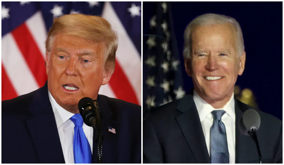 President Donald Trump (L) speaks on election night in the East Room of the White House in Washington, on Nov. 04, 2020. (Chip Somodevilla/Getty Images); Democratic presidential nominee Joe Biden (R) speaks at a drive-in election event in Wilmington, Del., on Nov. 4, 2020. (Win McNamee/Getty Images)