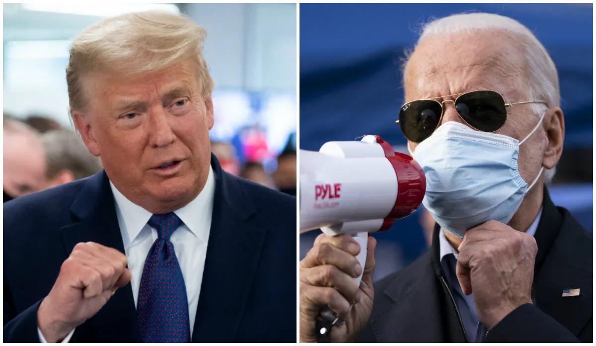 President Donald Trump (L) speaks as he visits his campaign headquarters in Arlington, Va., on Nov. 3, 2020. (Saul Loeb/AFP via Getty Images); Democratic presidential nominee Joe Biden (R) rallies supporters in the West Oak Lane neighborhood in Philadelphia, Pa., on Nov. 3, 2020. (Drew Angerer/Getty Images)