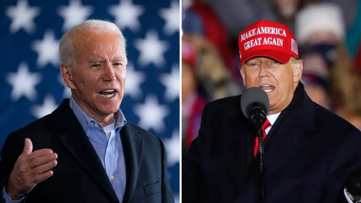 (L) Democratic presidential nominee Joe Biden speaks at a get-out-the-vote drive-in rally at Cleveland Burke Lakefront Airport in Cleveland, Ohio, on Nov. 2, 2020. (Drew Angerer/Getty Images)

(R) President Donald Trump speaks during a rally in Grand Rapids, Mich. on Nov. 3, 2020. (Kamil Krzaczynski/Getty Images)