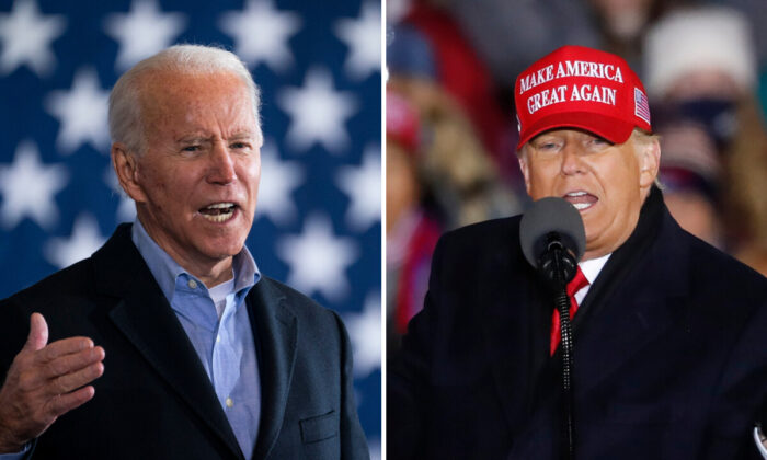 (Left) Democratic presidential nominee Joe Biden speaks at a get-out-the-vote drive-in rally at Cleveland Burke Lakefront Airport in Cleveland, Ohio, on Nov. 02, 2020. (Drew Angerer/Getty Images). (Right) President Donald Trump speaks during a rally in Grand Rapids, Mich. on Nov. 3, 2020. (Kamil Krzaczynski/Getty Images)