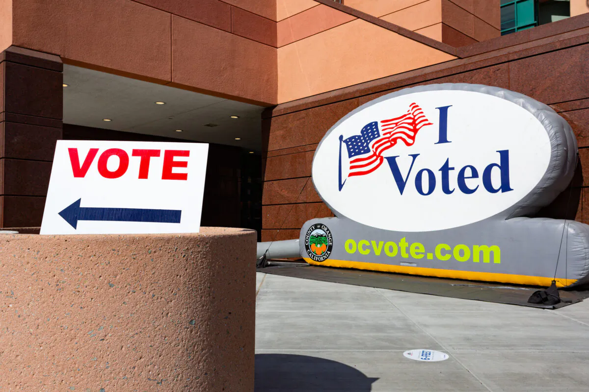 Voting signs at The Honda Center in Anaheim, Calif., on Nov. 2, 2020. (John Fredricks/The Epoch Times)