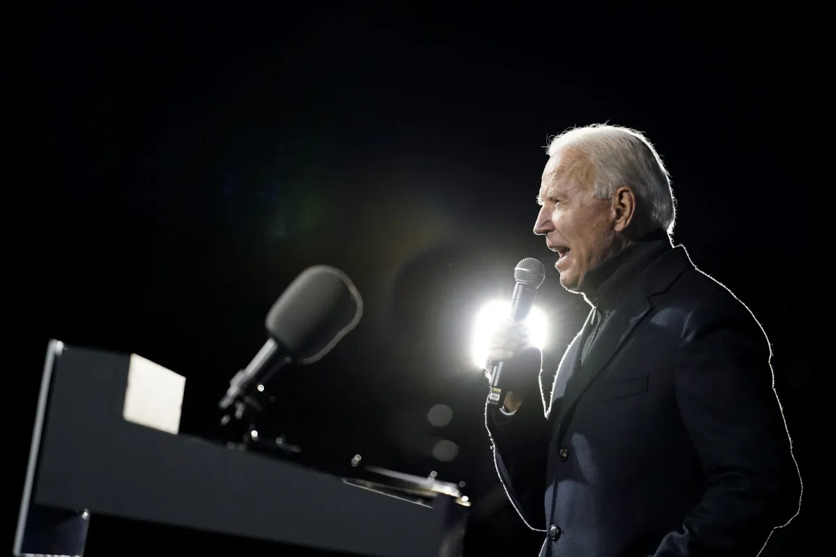 Democratic presidential candidate former Vice President Joe Biden speaks during a drive-in campaign rally at Lexington Technology Park, Pittsburgh on Nov. 2, 2020. (Andrew Harnik/AP Photo)