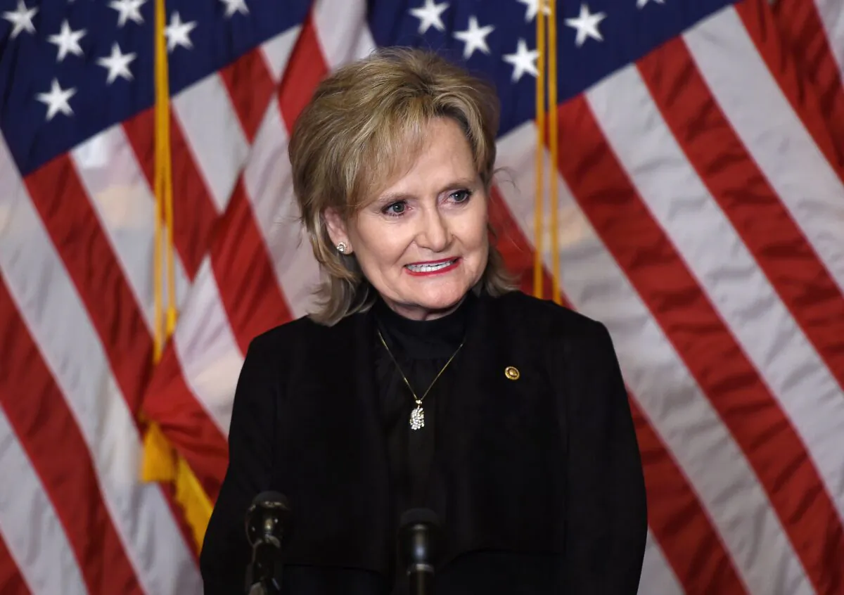 Sen. Cindy Hyde-Smith (R-Miss.) speaks on Capitol Hill in Washington on Oct. 26, 2020. (Olivier Douliery/Pool/AFP via Getty Images)