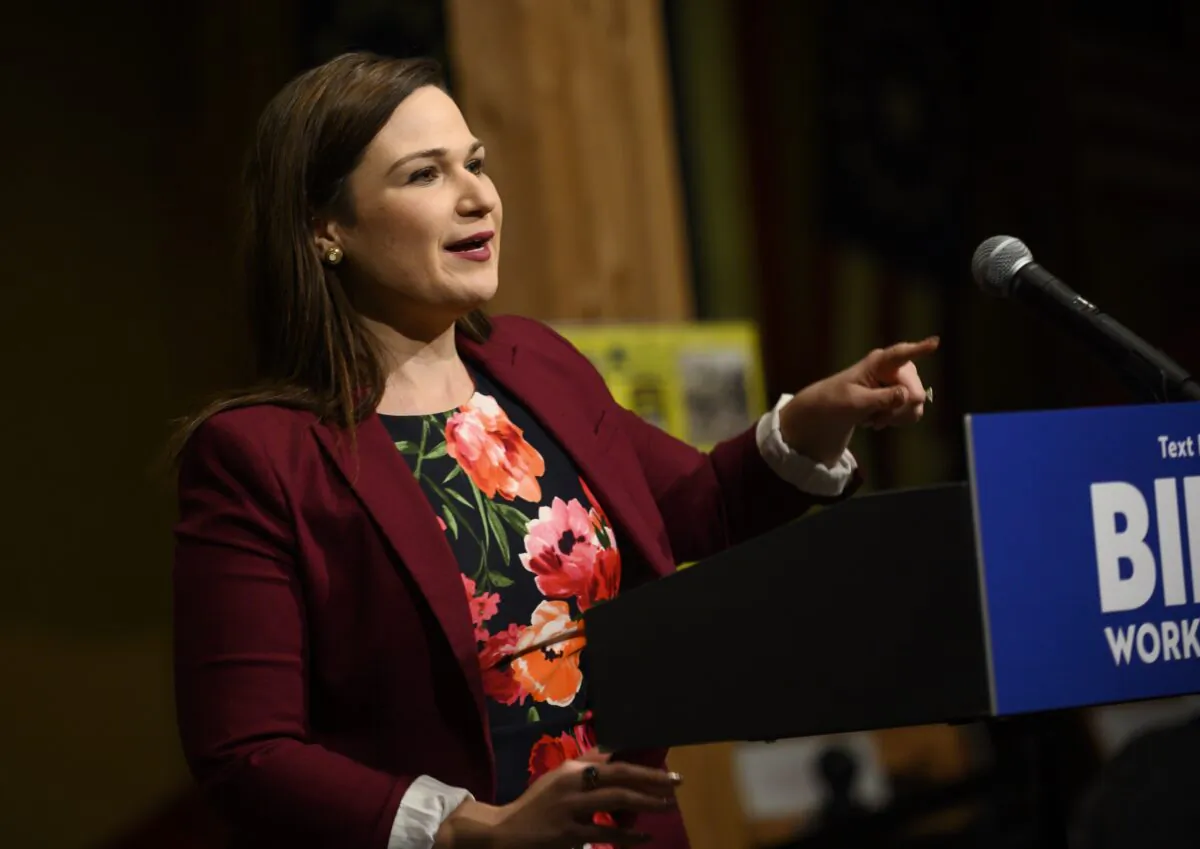 Rep. Abby Finkenauer (D-Iowa) introduces Democratic presidential candidate, former Vice President Joe Biden, in Independence, Iowa, on Jan. 3, 2020. (Stephen Maturen/Getty Images)