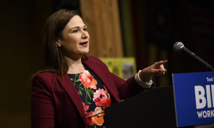 Rep. Abby Finkenauer (D-Iowa) introduces Democratic presidential candidate, former Vice President Joe Biden, in Independence, Iowa, on Jan. 3, 2020. (Stephen Maturen/Getty Images)