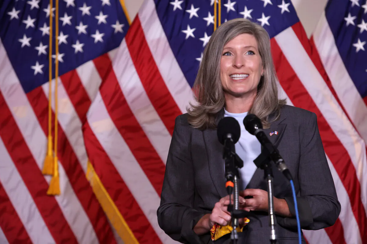 Sen. Joni Ernst (R-Iowa) speaks to members of the media after the weekly Senate Republican Policy Luncheon at Hart Senate Office Building on Capitol Hill in Washington on Sept. 9, 2020. (Alex Wong/Getty Images)