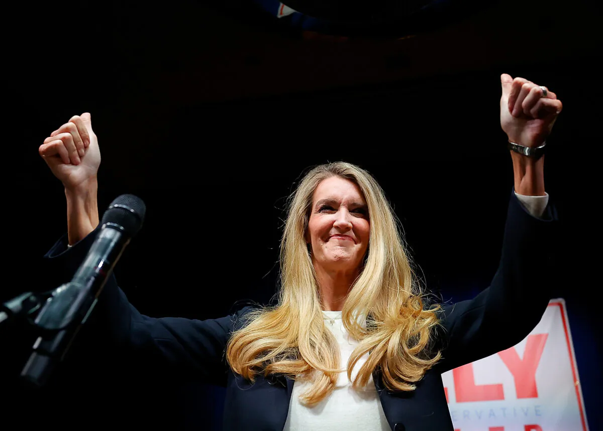 Sen. Kelly Loeffler (R-Ga.) reacts to her supporters during an Election Night party at the Grand Hyatt Atlanta In Buckhead in Atlanta, Ga., on Nov. 3, 2020. (Kevin C. Cox/Getty Images)