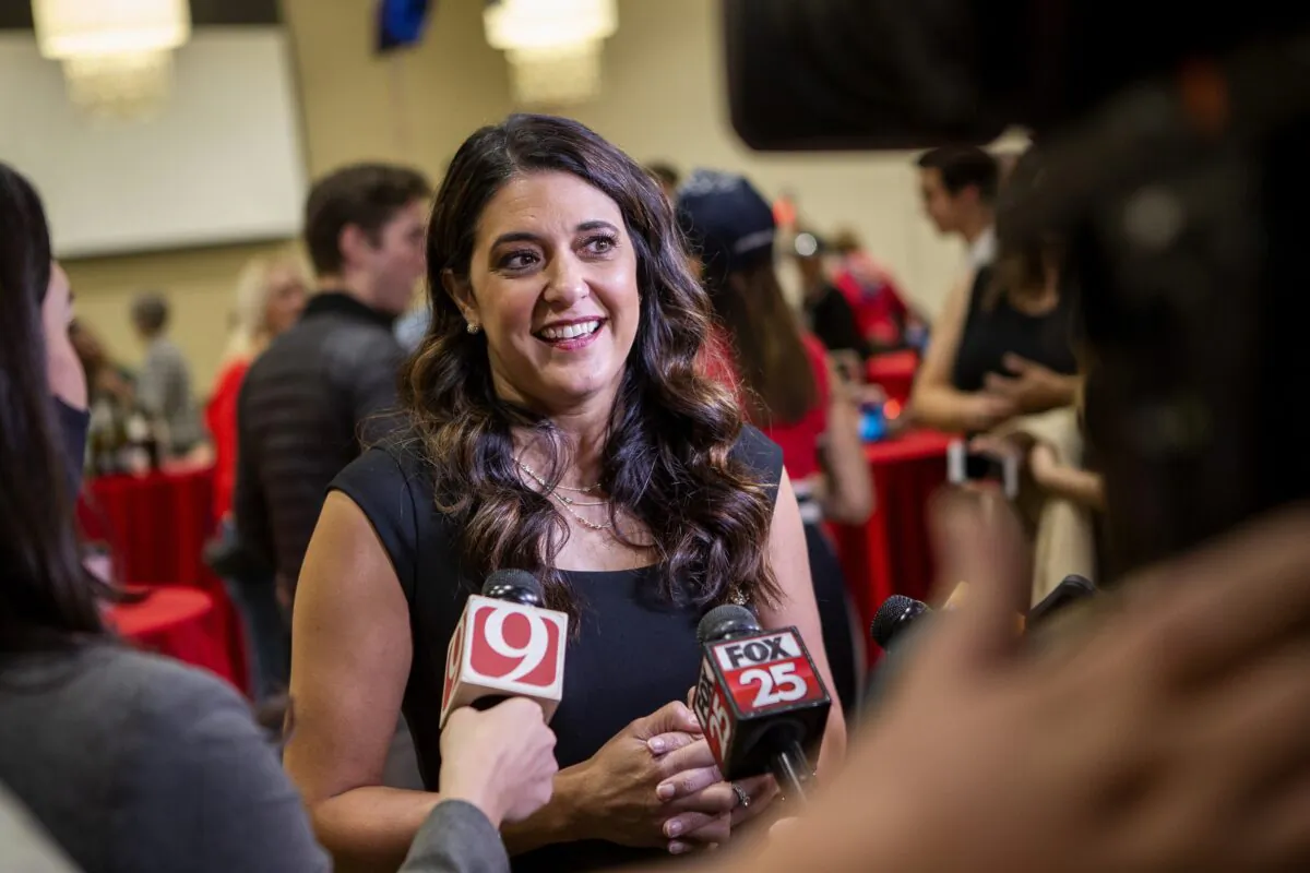 Then-U.S. House candidate Stephanie Bice talks to the media at the Edmond Conference Center in Edmond, Okla., Nov. 3, 2020. (Garett Fisbeck/AP Photo)
