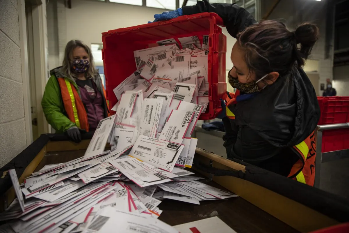 Election staff members pack ballots after polls closed at the Moose Lodge on Election Day, in Kenosha, Wis., Nov. 3, 2020. (Wong Maye-E/AP Photo)