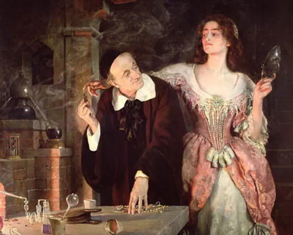 Detail from “The Laboratory,” 1895, by John Maler Collier. The Athenaeum. (PD-US)