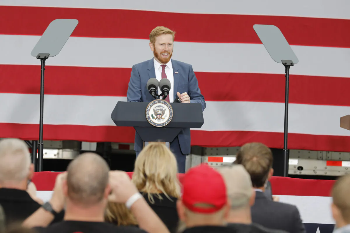 Peter Meijer introduces U.S. Vice President Mike Pence at a campaign event at Lacks Enterprises, Inc. in Grand Rapids, Michigan, on Oct. 14, 2020. (Jeff KowalskiY/AFP via Getty Images)