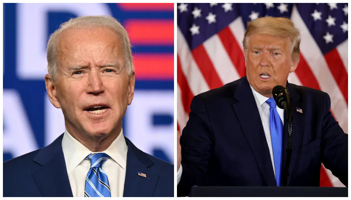 (L) Democratic Presidential candidate Joe Biden speaks at the Chase Center in Wilmington, Del., on Nov. 4, 2020. (Jim Watson / AFP via Getty Images)
President Donald Trump speaks on election night in the East Room of the White House in Washington, in the early morning hours of Nov. 04, 2020. (Chip Somodevilla/Getty Images)
