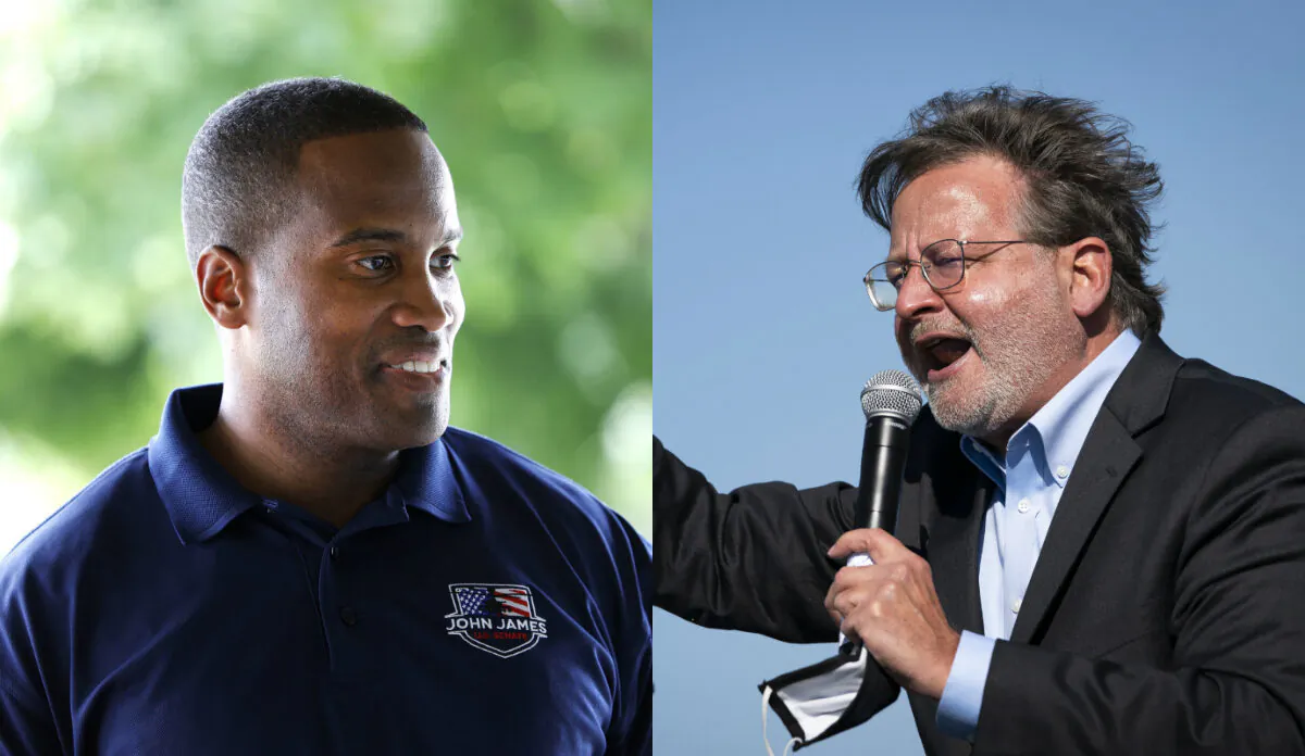 Businessman John James, the Republican nominee for a U.S. Senate seat representing Michigan (L), and Sen. Gary Peters (D-Mich.), in file photographs. (Getty Images)