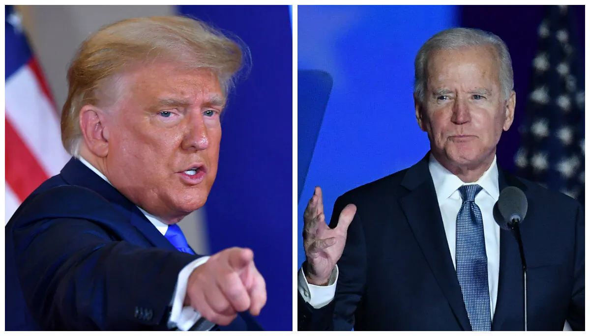 (L) President Donald Trump gestures after speaking during election night in the East Room of the White House in Washington, early on Nov. 4, 2020. (Mandel Ngan/AFP via Getty Images)
Democratic presidential nominee Joe Biden speaks during election night at the Chase Center in Wilmington, Del., early on Nov. 4, 2020. (Angela Weiss/AFP via Getty Images)