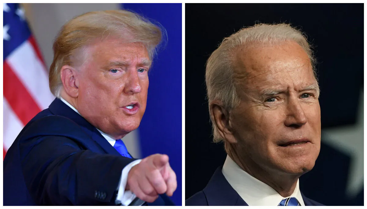 (L) President Donald Trump gestures after speaking during election night in the East Room of the White House in Washington,  early on Nov. 4, 2020. (Mandel Ngan/AFP via Getty Images)
Democratic presidential nominee Joe Biden speaks one day after Americans voted in the presidential election, in Wilmington, Del., on Nov. 4, 2020. (Drew Angerer/Getty Images)