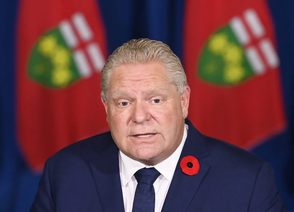 Ontario Premier Doug Ford holds a press conference at Queen's Park during the COVID-19 pandemic in Toronto on Nov. 3, 2020. (Nathan Denette/The Canadian Press)