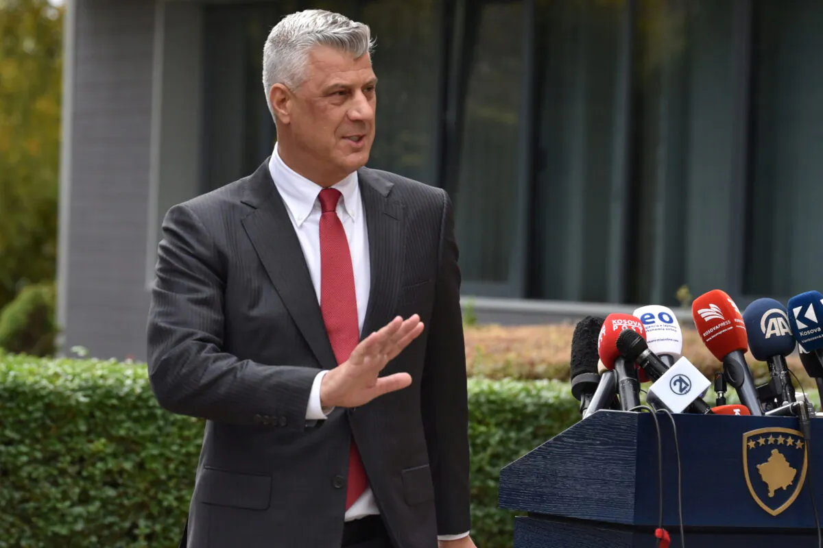 Kosovo’s President Hashim Thaci gestures during a news conference as he resigns to face war crimes charges at international court in Pristina, Kosovo, Nov. 5, 2020. (Laura Hasani/Reuters)