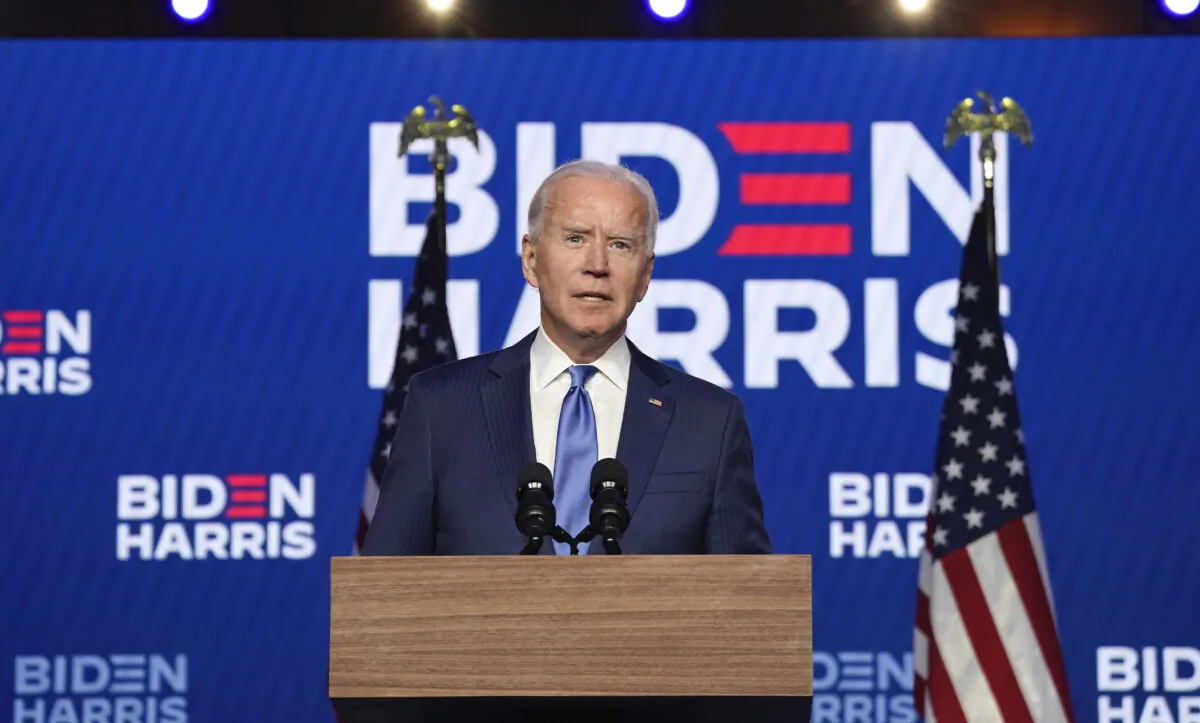 Democratic presidential nominee Joe Biden addresses the nation at the Chase Center in Wilmington, Del., on Nov. 6, 2020. (Drew Angerer/Getty Images)