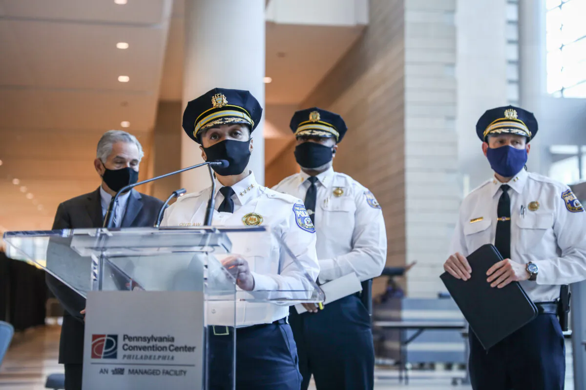 Philadelphia Police Department Commissioner Danielle Outlaw during a press conference at the Pennsylvania Convention Center in Philadelphia, Pa., on Nov. 6, 2020. (Charlotte Cuthbertson/The Epoch Times)