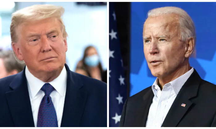 President Donald Trump (L) visits his campaign headquarters in Arlington, Va., on Nov. 3, 2020. (Saul Loeb/AFP via Getty Images); Democratic presidential nominee Joe Biden (R) speaks in Wilmington, Del., on Nov. 5, 2020. (Carolyn Kaster/AP Photo)