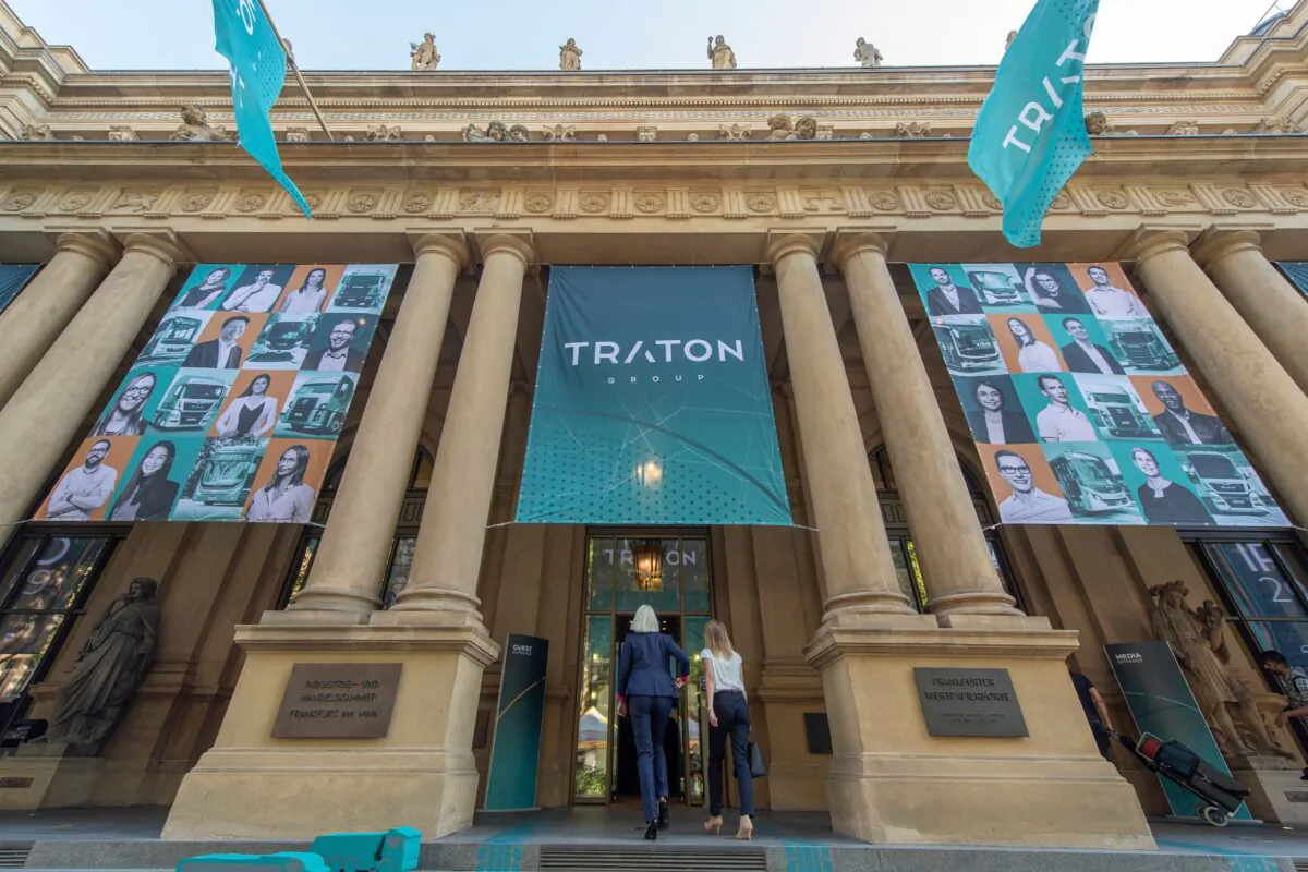Traton SE posters are fixed at the entrance to the stock exchange in Frankfurt am Main, western Germany, on June 28, 2019. (Boris Roessler/DPA/AFP via Getty Images)