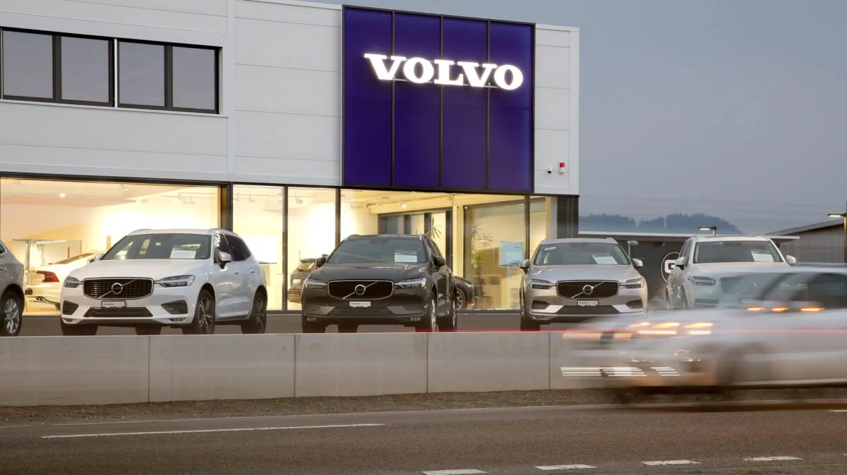 A long exposure picture shows cars of Swedish automobile manufacturer Volvo displayed in front of a showroom of Stierli Automobile AG company in St. Erhard, Switzerland April 11, 2019. (Arnd Wiegmann/Reuters)