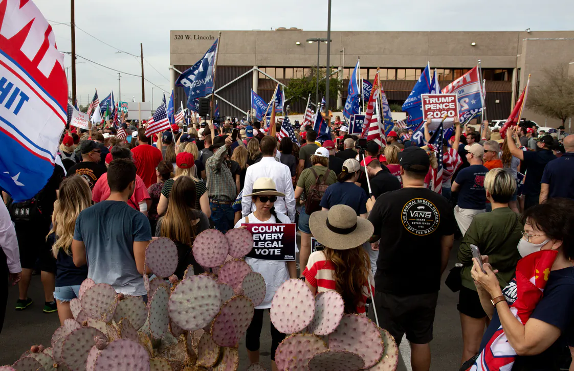 Supporters of President Donald Trump gather at the Maricopa County Elections Department office in Phoenix, Arizona, on Nov. 6, 2020. (Courtney Pedroza/Getty Images)