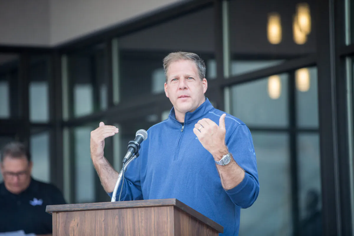 New Hampshire Gov. Christopher Sununu delivers remarks during the ribbon cutting ceremony for the grand opening of DraftKings Sportsbook Manchester in Manchester, N.H., on Sept. 2, 2020.  (Scott Eisen/Getty Images for DraftKings)