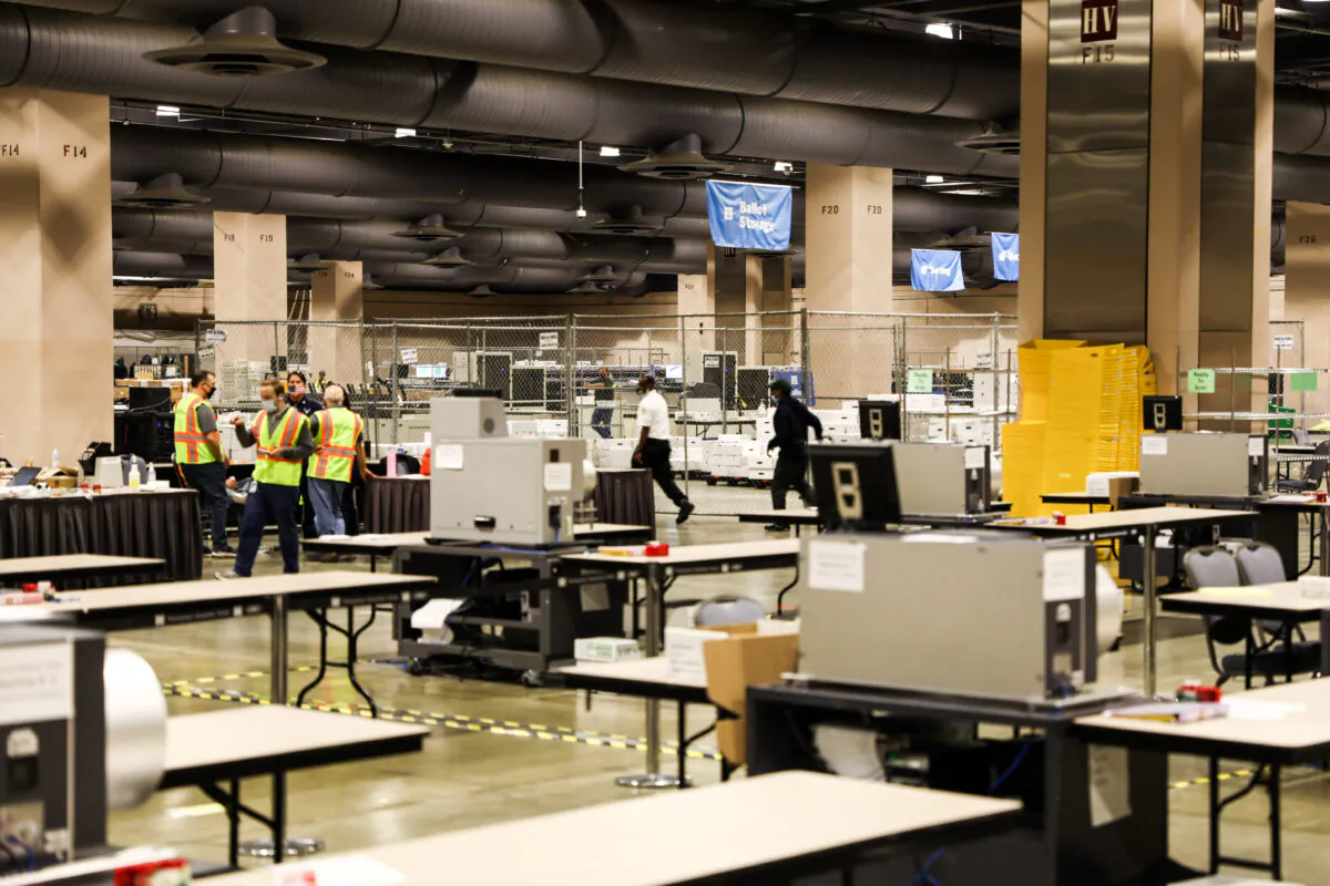 The ballot counting room inside the Pennsylvania Convention Center in Philadelphia, Pa., on Nov. 6, 2020. (Charlotte Cuthbertson/The Epoch Times)