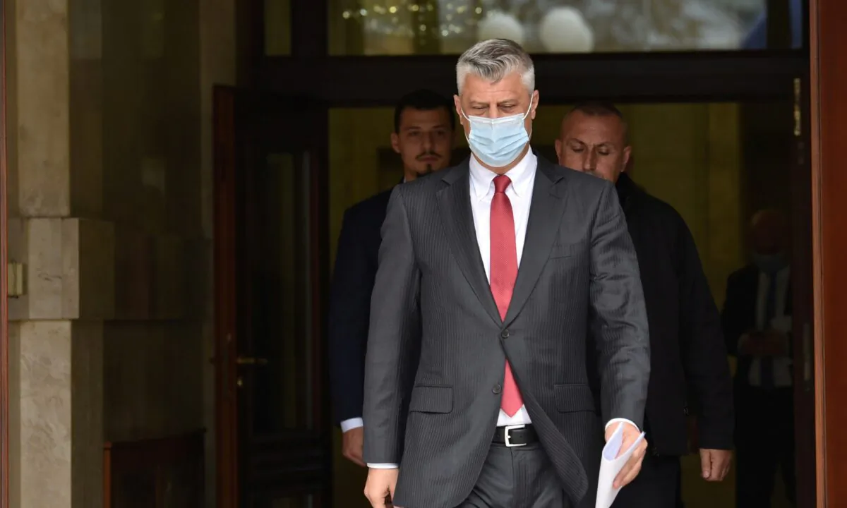 Kosovo's President Hashim Thaci arrives for a news conference as he resigns to face war crimes charges at a special court based in the Hague, in Pristina, Kosovo, on Nov. 5, 2020. (Laura Hasani/Reuters)