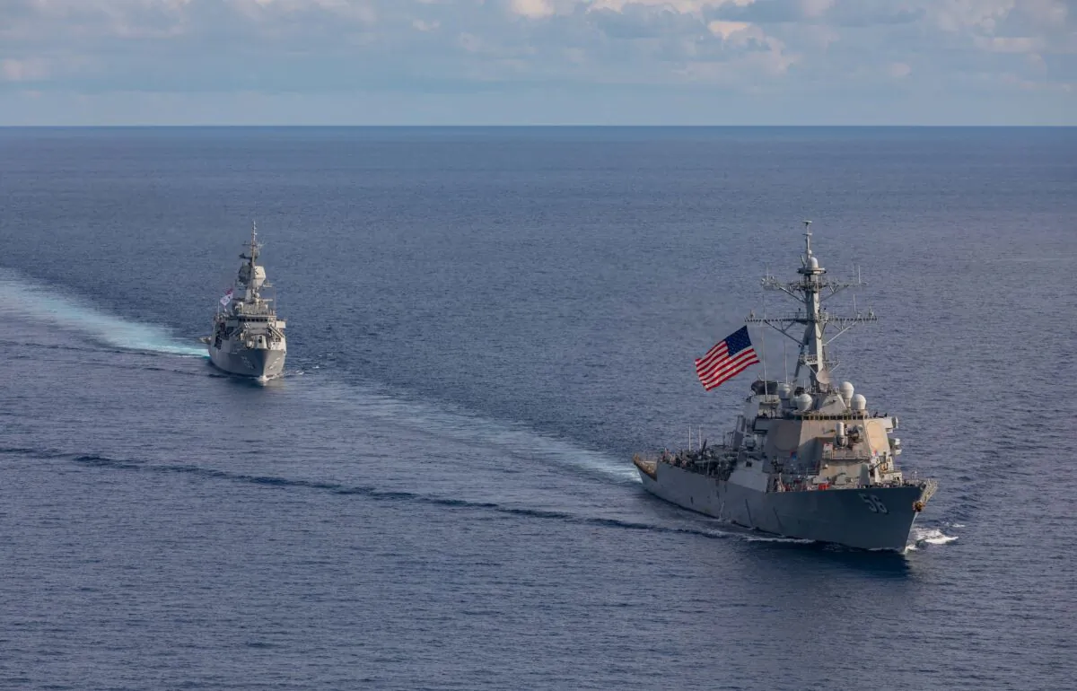 HMAS Ballarat and USS John S. McCain sail in company in the Indian Ocean en route to participate in Exercise Malabar 2020. (LSIS Shane Cameron via ADF)