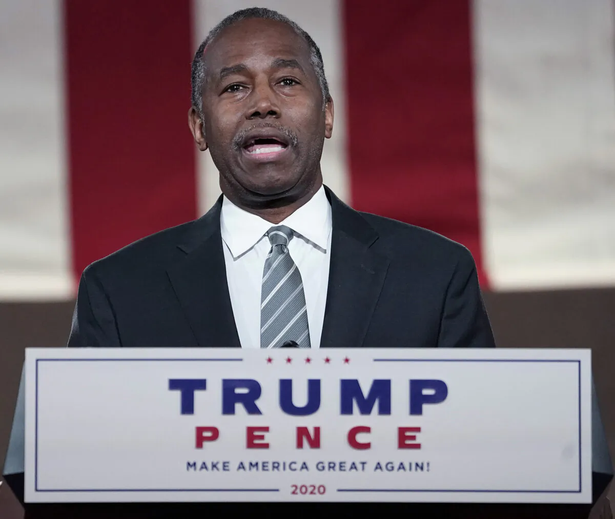 U.S. Housing and Urban Development Secretary Ben Carson addresses the virtual Republican National Convention at the Andrew W. Mellon Auditorium in Washington, on Aug. 27, 2020. (Drew Angerer/Getty Images)