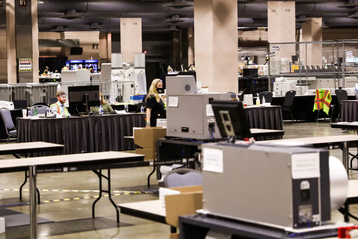 The ballot counting room inside the Pennsylvania Convention Center in Philadelphia, Pa., on Nov. 6, 2020. (Charlotte Cuthbertson/The Epoch Times)