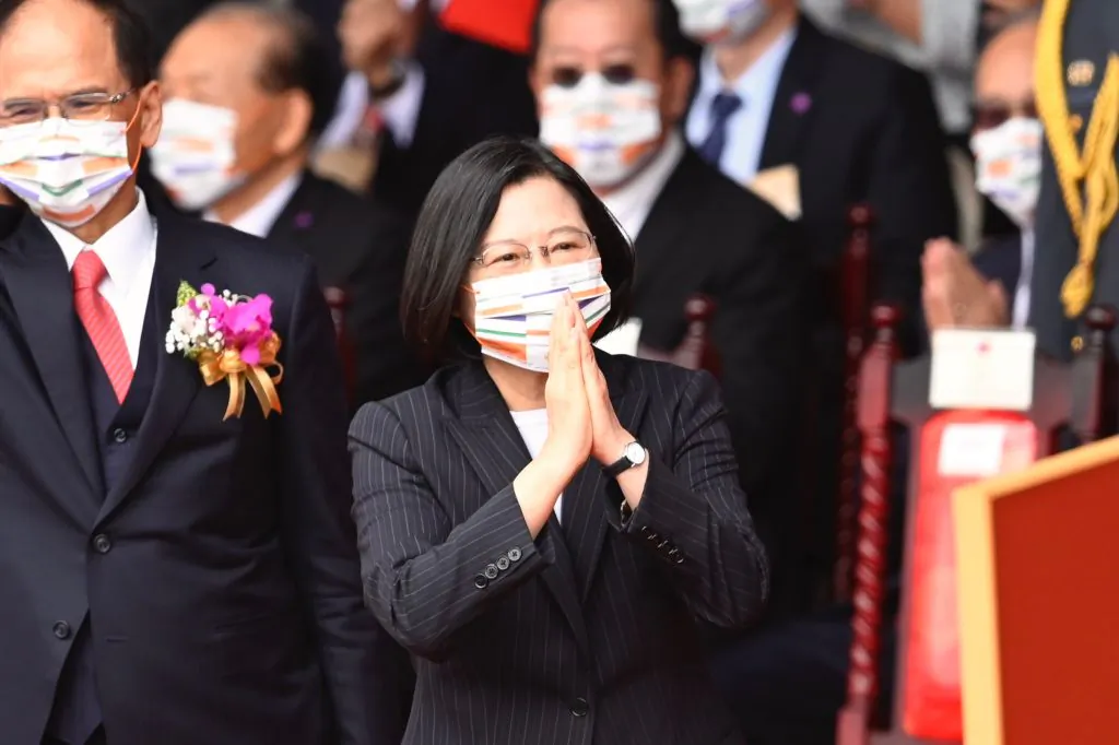 Taiwan President Tsai Ing-wen (C) gestures during the National Day celebration in front of the Presidential Office in Taipei on October 10, 2020. (Sam Yeh/AFP via Getty Images)