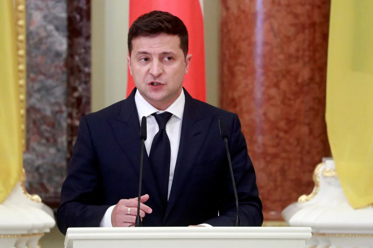 Ukrainian President Volodymyr Zelenskiy speaks during a joint news briefing with Polish President Andrzej Duda (not pictured) as they meet in Kiev, Ukraine, on Oct. 12, 2020. (Valentyn Ogirenko/Reuters/Pool/File Photo)