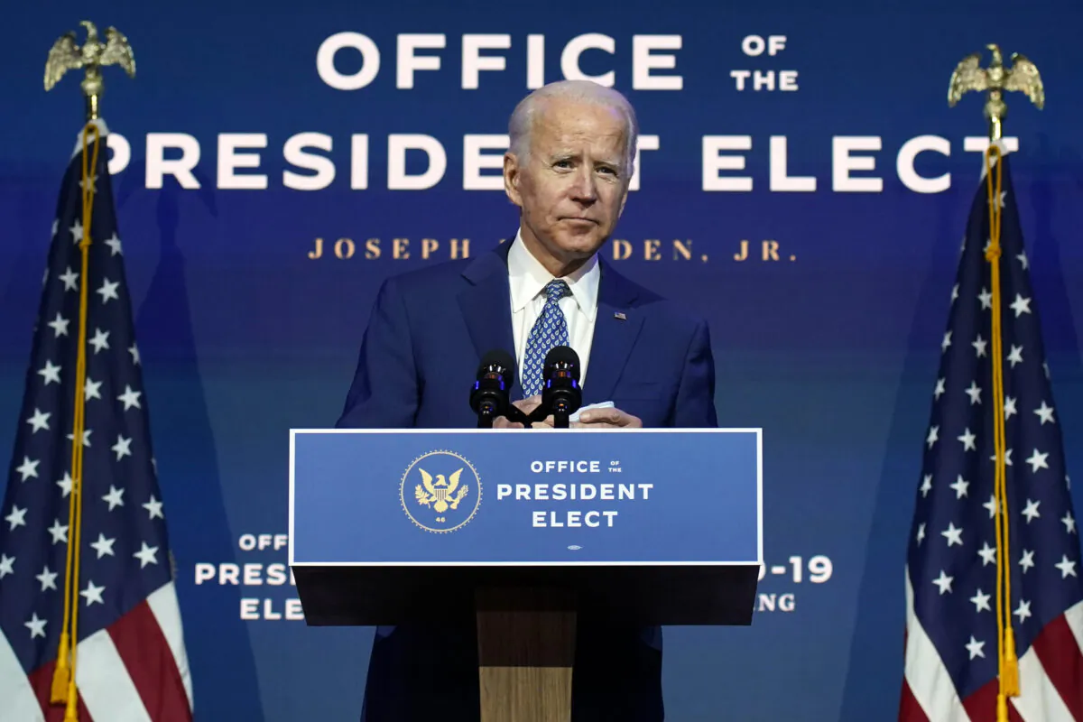 Democratic presidential nominee Joe Biden speaks at The Queen Theatre in Wilmington, Del., on Nov. 9, 2020. (Carolyn Kaster/AP Photo)