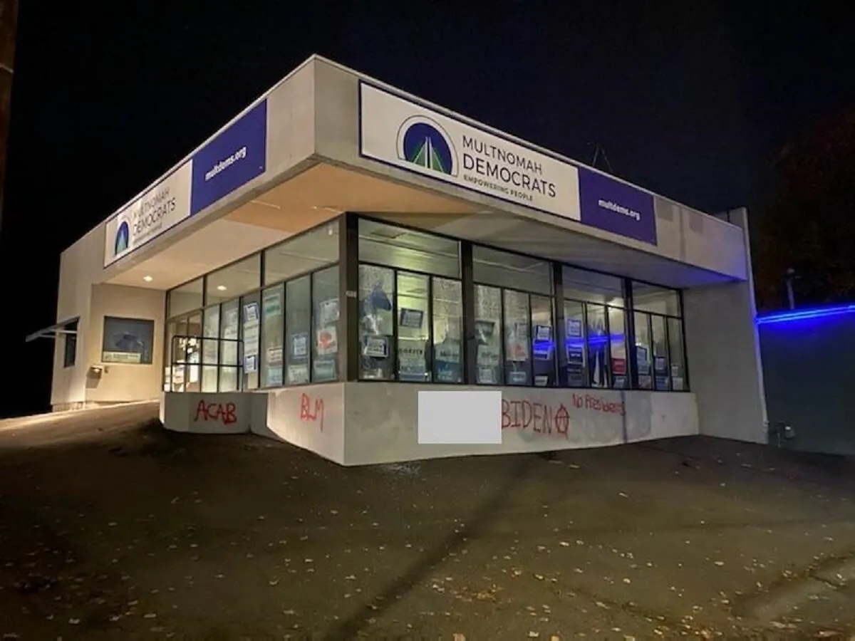 The Multnomah County Democrats building was attacked by rioters in Portland on Nov. 8, 2020. (Portland Police Bureau)