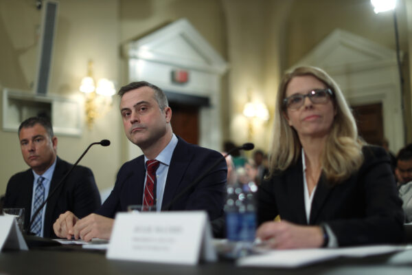 (L-R) President and CEO of Election Systems & Software Tom Burt, President and CEO of Dominion Voting Systems John Poulos, President and CEO of Hart InterCivic Julie Mathis testify during a hearing before the House Administration Committee on Capitol Hill in Washington, DC, Jan. 9, 2020. (Alex Wong/Getty Images)