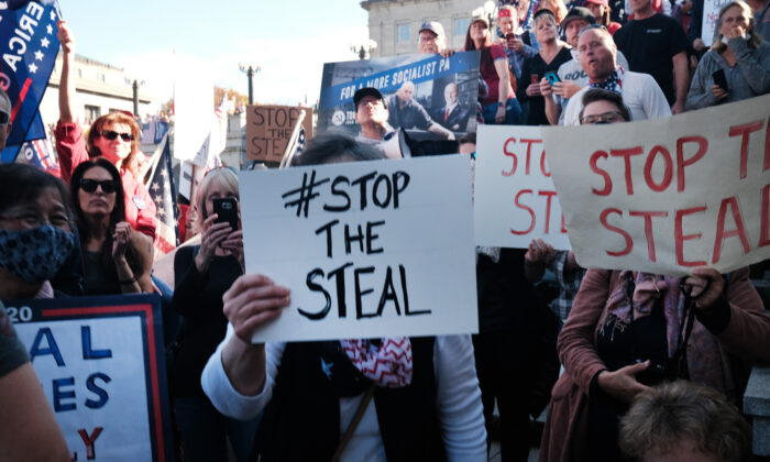 Hundreds of Donald Trump supporters gather in the state capital of Pennsylvania to display their anger at the outcome of the election hours after the state was called for Joe Biden, in Harrisburg, Pa., on Nov. 7, 2020. (Spencer Platt/Getty Images)