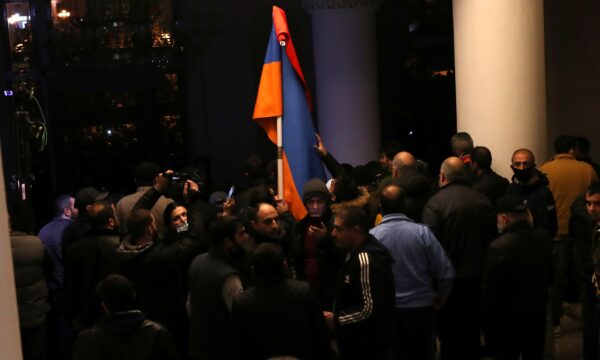 People gather at the government house of Armenia