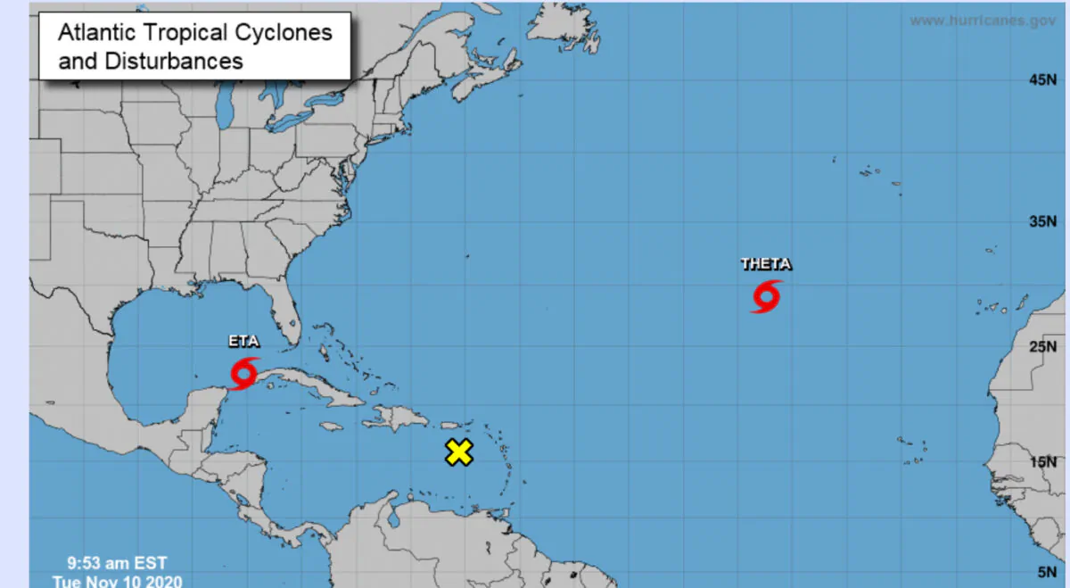Forecasters say a record-breaking 29th named storm (Theta) has formed in the 2020 Atlantic hurricane season. (NHC)