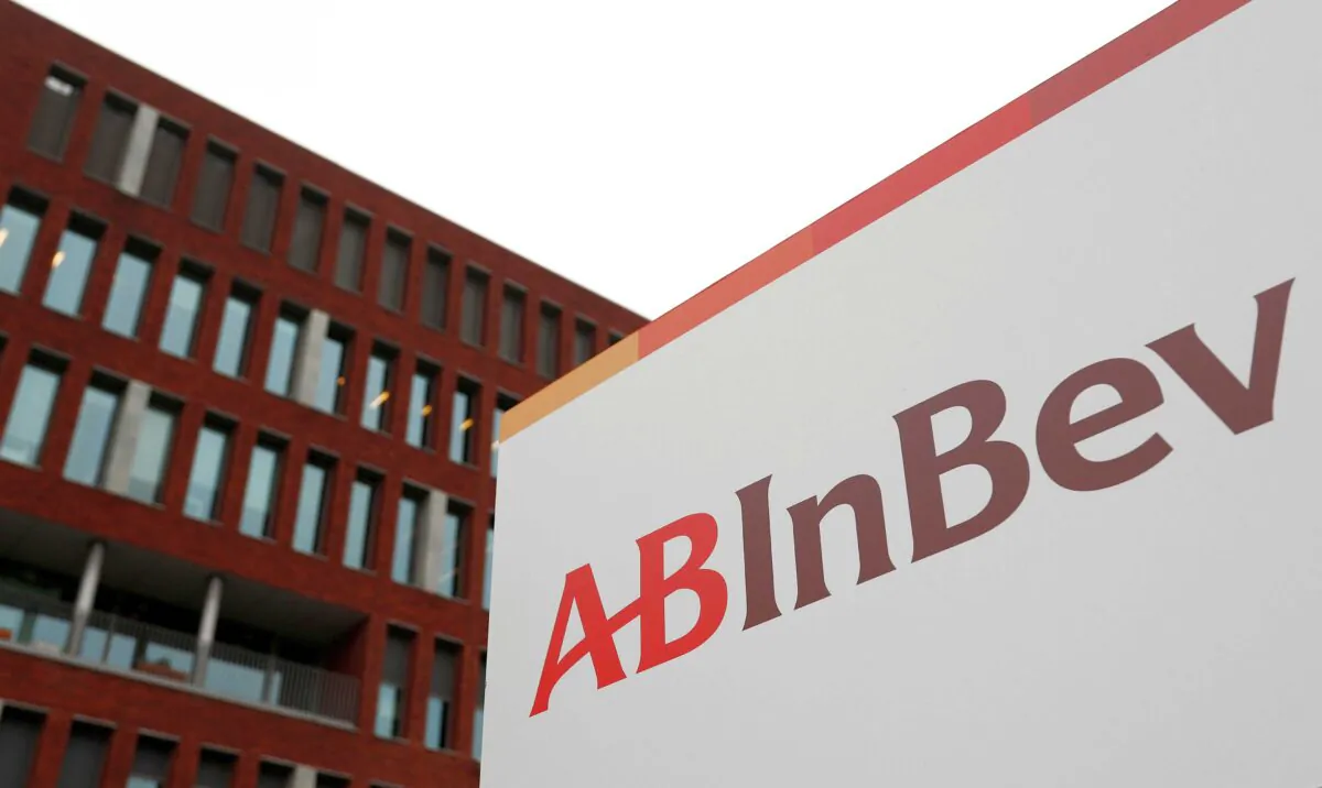 The logo of Anheuser-Busch InBev pictured outside the brewer’s headquarters in Leuven, Belgium, on Feb. 28, 2019. (Francois Lenoir/Reuters)