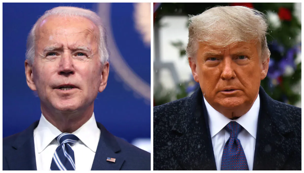 Democratic presidential nominee Joe Biden addresses the media at the Queen Theater in Wilmington, Del., on Nov. 10, 2020. (Joe Raedle/Getty Images); (Right) President Donald Trump turns after placing a wreath at the Tomb of the Unknown Solider as he attends a Veterans Day observance in the rain at Arlington National Cemetery in Arlington, Va., on Nov. 11, 2020. (Carlos Barria/Reuters)