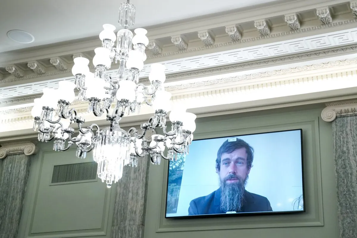 Twitter CEO Jack Dorsey testifies remotely during a hearing to discuss reforming Section 230 of the Communications Decency Act with big tech companies in Washington, on Oct. 28, 2020. (Greg Nash/Pool/AFP via Getty Images)