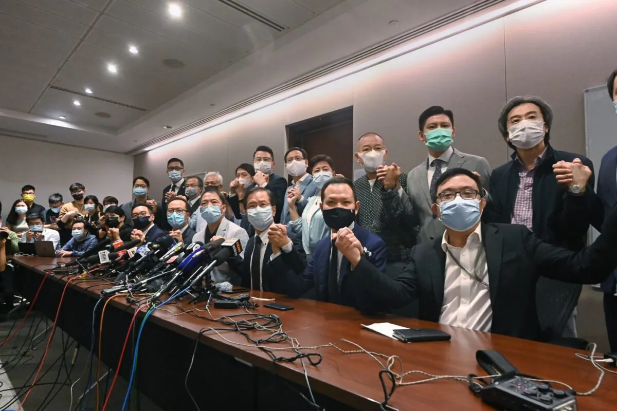 Lawmakers of Hong Kong’s pro-democracy camp hold a press conference in Hong Kong on Nov. 11, 2020. (Song Bilung/The Epoch Times)